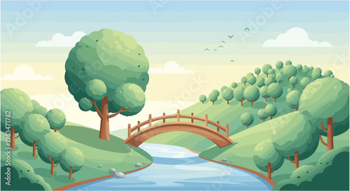 Serene landscape with wooden bridge over stream in lush greenery and sunny daytime for travel brochure