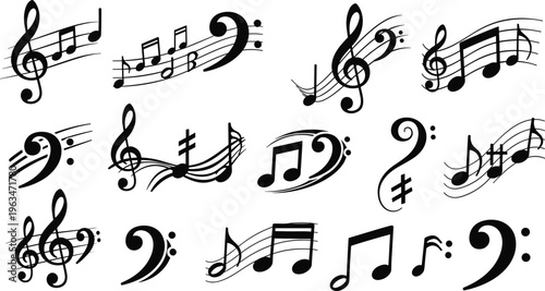 Hand-Drawn Musical Notes and Symbols Set with Clefs, Notes, and Staff for Music Composition, Sound, and Creative Design Illustrations.