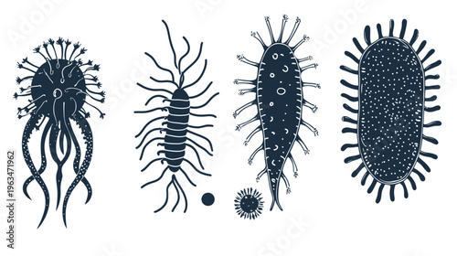 A stylized illustration featuring four abstract, dark-colored organic shapes, possibly microorganisms