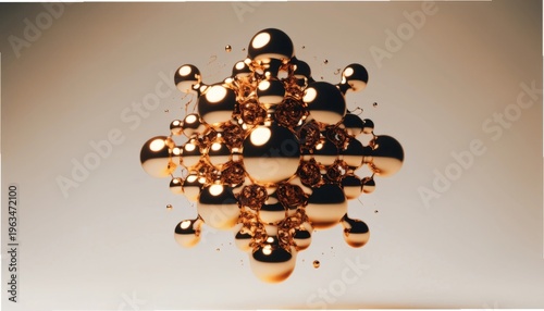 Golden Molecule Structure with Shiny Liquid Spheres Gigapixel