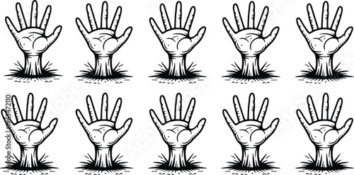 Zombie hand rising from the ground silhouette set for Halloween horror themes and spooky undead graveyard party decorations,