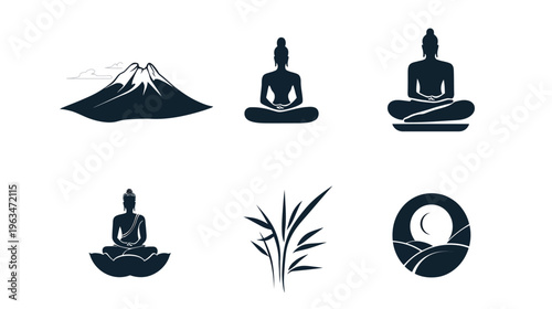 Silhouettes of mountains, meditating figures, and natural elements arranged on white background