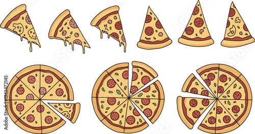 Hand-Drawn Pizza Slices, Whole Pizza with Toppings, and Pizza Party Illustrations for Food and Celebration Designs
