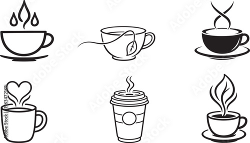 Editable line coffee and tea icons, minimal beverage outline set isolated on white