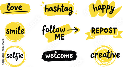 Hand drawn social media words set with love hashtag happy follow me repost smile selfie welcome creative text, yellow brush style vector illustration design