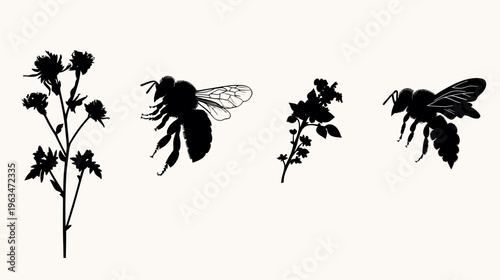 Silhouettes of bees, flowers, and branches create a simple nature theme on a pale background