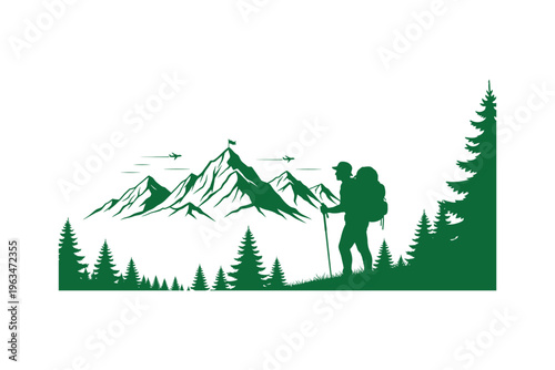 Mountain landscape with forest trees and a hiker with a backpack vector illustration silhouette
