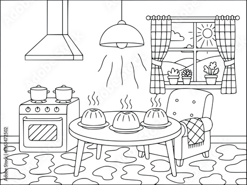  Kitchen coloring page with three steaming puddings on a table near a stove