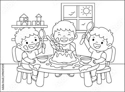 udding coloring page featuring three happy boys eating a messy sweet dessert