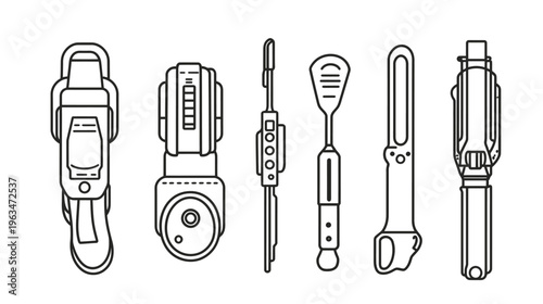 Line art of tools with mechanical and surgical elements. Each tool is clearly defined in its own style