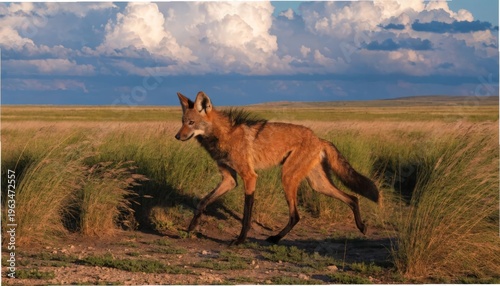Maned Wolf a Tall Slender Canid with Reddish Fur Walking in a Gigapixel Landscape