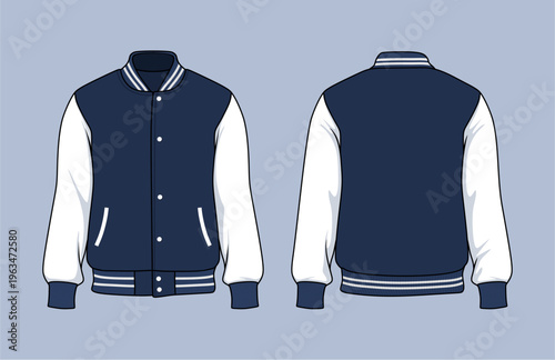 Navy Blue and White Sport Varsity Jacket Mockup Front and Back View.