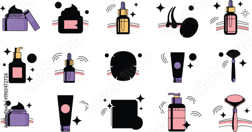 Cosmetic beauty product icons set with skincare bottles makeup tools serum lotion packaging and personal care illustration collection