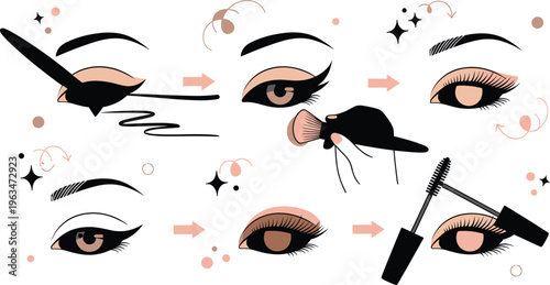 Eye makeup tutorial steps icons set with eyeliner application blending eyeshadow mascara and beauty routine illustration collection