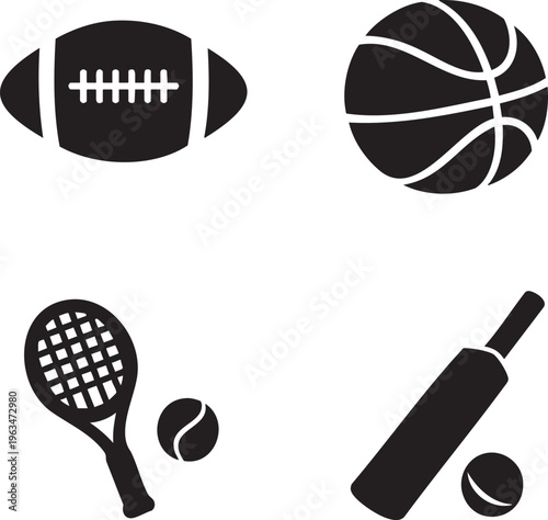 Four black sports equipment american football basketball tennis racket cricket bat