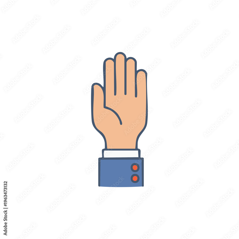Fototapeta premium Human hand in blue suit sleeve showing open palm