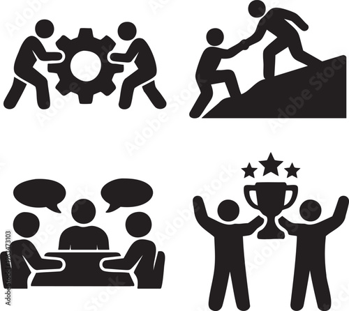 Four black silhouette showing teamwork collaboration success and communication silhouettes