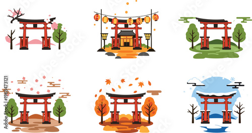 Torii gate seasonal scenes collection with spring summer autumn winter landscapes Japanese shrine architecture and nature illustration set