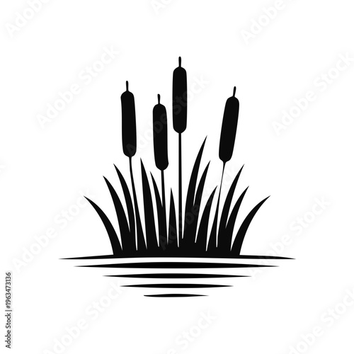 Black silhouette of cattails and grass growing in water with ripple effect