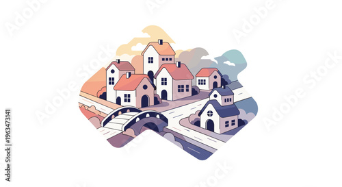 Houses in brain shaped neighborhood in pastel colors in flat illustration for mental health