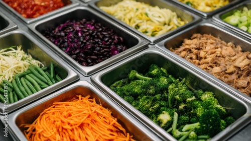 Longevity diet concept, A colorful salad bar with fresh vegetables and toppings neatly arranged in metal containers.