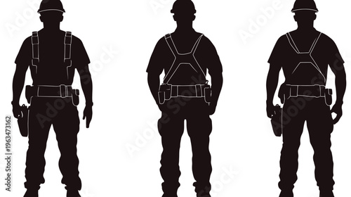 Silhouetted construction workers in safety gear hard hats, tool belts, and overalls against white background