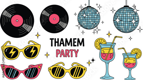 Retro Party Elements Set with Vinyl Records Disco Balls Sunglasses Cocktails and Themed Celebration Icons for Vintage Event Design and Festive Graphics.