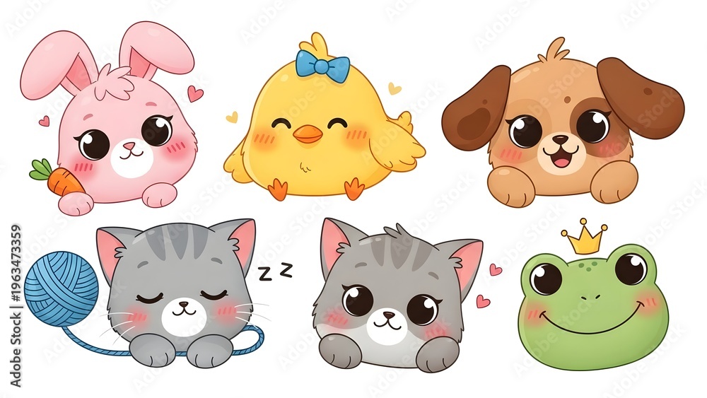 Obraz premium Adorable cartoon animal character collection featuring cute bunny, chick, puppy, kittens, and frog faces, perfect for children's designs and playful graphics