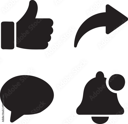 Black social media thumbs up share comment bell notification like