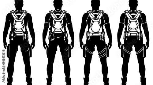 Four black silhouettes of persons in gear, ready to serve, wear tactical equipment
