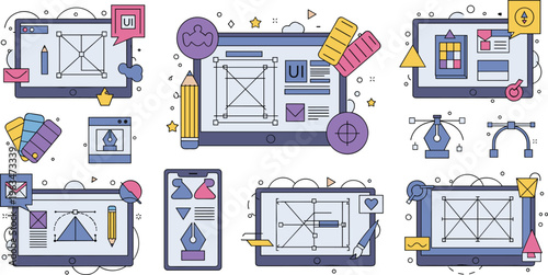 UI UX design workflow icons set with wireframe prototyping interface tools mobile app development and creative process concepts