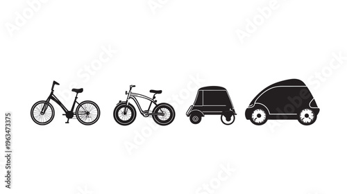 Silhouetted illustration showing a progression of transportation types, bicycle to vehicle