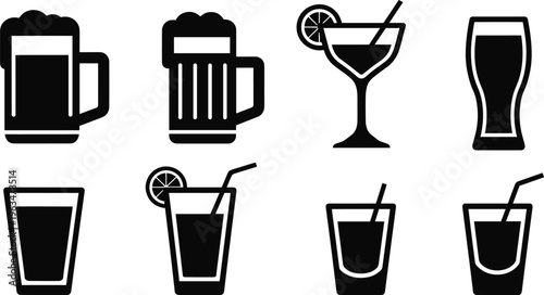 Solid Beverage Icons Set with Beer Mugs, Cocktail Glasses, and Soft Drinks for Bar, Restaurant, and Drink Menu Illustrations.