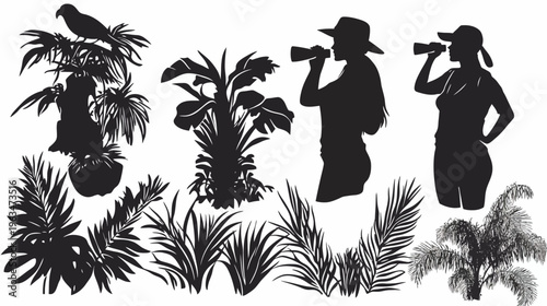 Silhouettes of diverse tropical plants, birds, and individuals using binoculars, perfect for nature themes