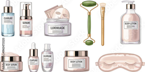 Skincare and Beauty Product Set with Serums, Creams, Masks, and Rollers for Cosmetic, Spa, and Wellness Design