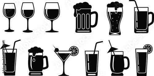Solid Drink Icons Set with Wine Glasses, Beer Mugs, Cocktails, and Soft Drinks for Bar, Restaurant, and Beverage Illustrations.