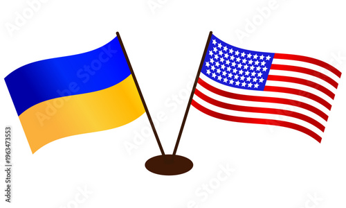 Developing flags of the United States of America and Ukraine standing on the same stand. Help and support concept