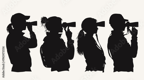Silhouetted figures in profile, holding binoculars, suggesting observation or research