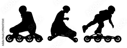 Rollerblade set with dynamic colorful line art design featuring skateboard, inline skating, winter fashion with sport and motion
