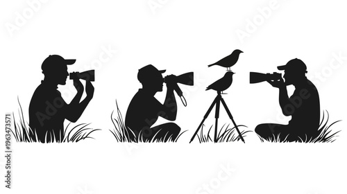 Silhouettes of birdwatchers with cameras and birds. Focus is on capturing wildlife using photographic equipment