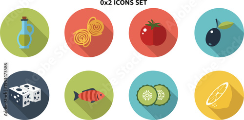 Flat Mediterranean food icons set, 8x2 icons set of healthy ingredients and grocery items, colorful round food symbols for restaurant menu design