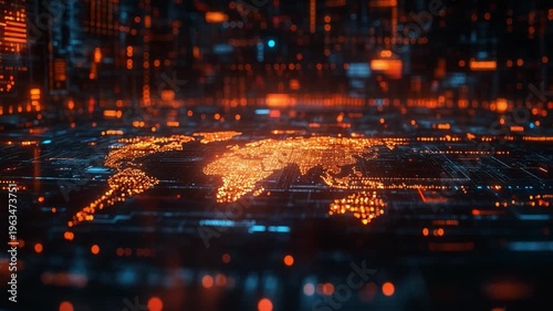 Global Network of Digital Innovation: An illuminated digital representation of the world map pulsates with interconnected data streams.