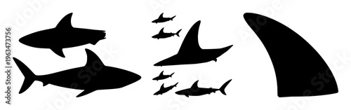 Shark fin set with single silhouette figure in black line art featuring marine predator, oceanic theme, underwater wildlife with minimalist and vector graphics