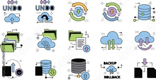 Cloud storage and backup icons set with upload download sync database rollback and file management technology concepts