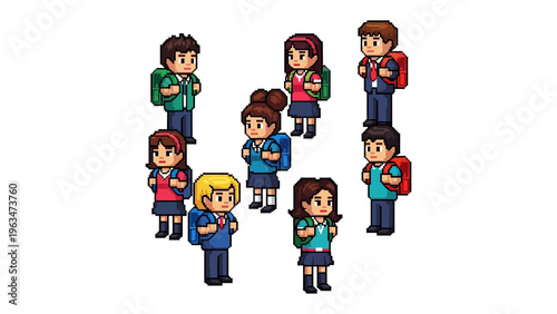 Young Students on The Move: A group of animated students, each with a backpack, gather, symbolizing the beginning of an educational journey.