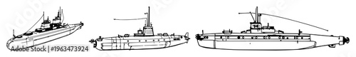 Vintage ink sketch of a 19th-century submarine blueprint, steampunk naval history, fine line detail, white background. set with simple line art design featuring sketches, drawings, vector graphics ...