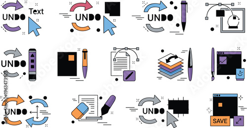 Text editing and undo redo icons set with cursor tools document save interface elements and digital editing workflow concepts