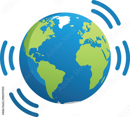 Blue globe icon with signal waves, global communication and broadcasting symbol, vector illustration
