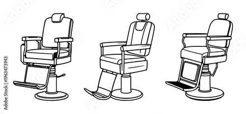 Barber chair set with geometric icon style featuring vintage barber chair, nostalgic grooming symbol, sharp vector edges with white background and sleek lines