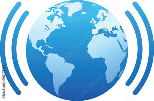 Blue globe icon with signal waves, global communication and broadcasting symbol, vector illustration